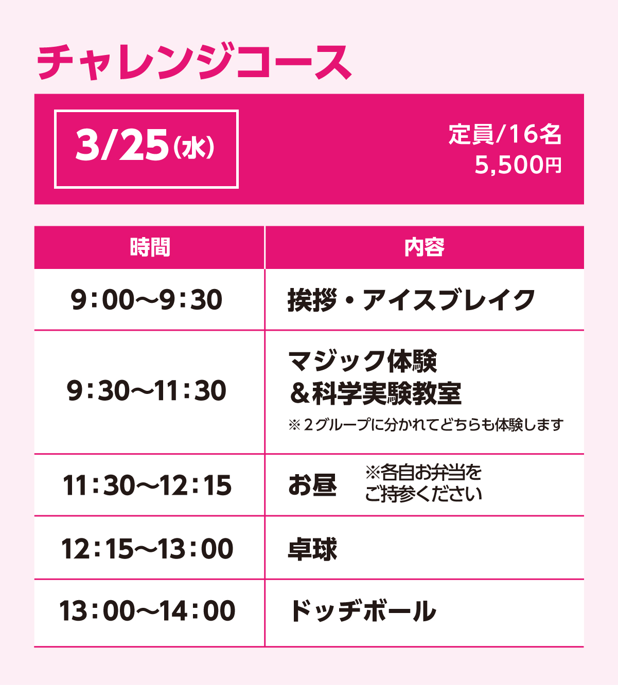 チャレンジコース3/25(水)スケジュール